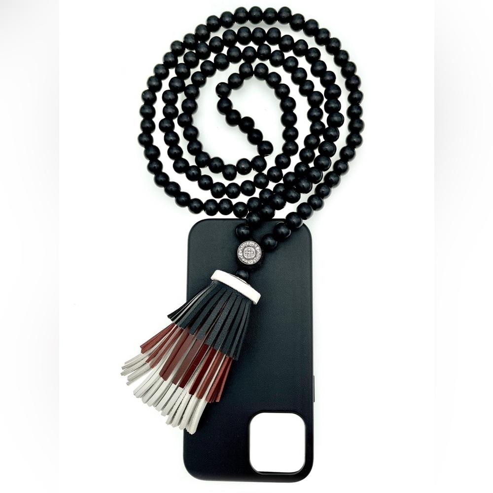 ICA MAROON" SASH  BLACK iPhone 16 Sash: Black coated wood beads. 140 cm